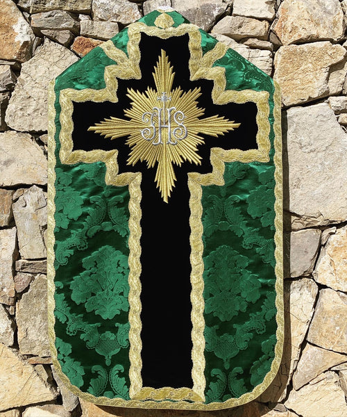 Green Silk and Black Velvet Chasuble with Embroidered IHS - Sacra Domus Aurea